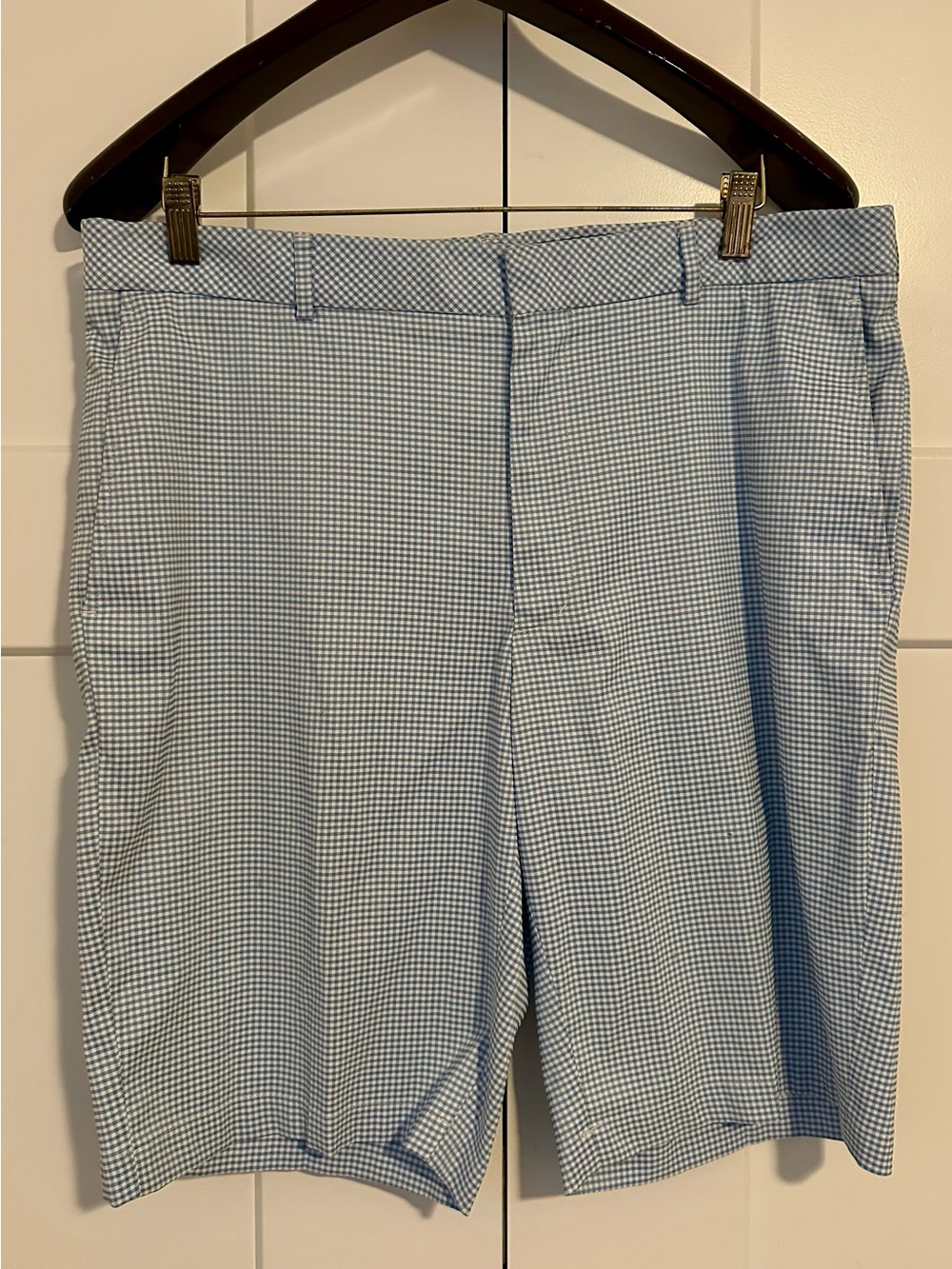 Walter Hagen Perfect 11 Light Blue Gingham Flat Front Golf Shorts 36